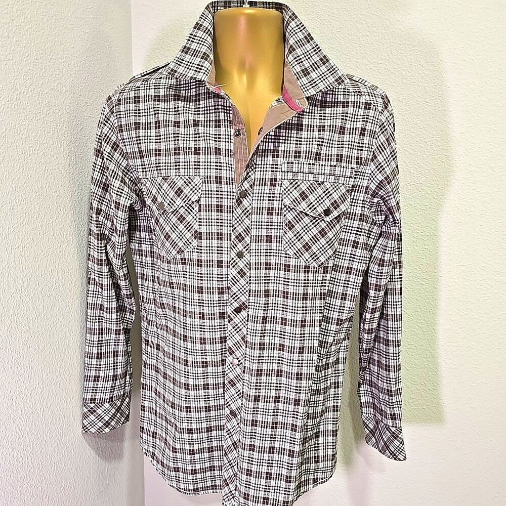 Structure Western Sawtooth Pocket Snap Shirt Mens Large Brown Plaid Country Farm
